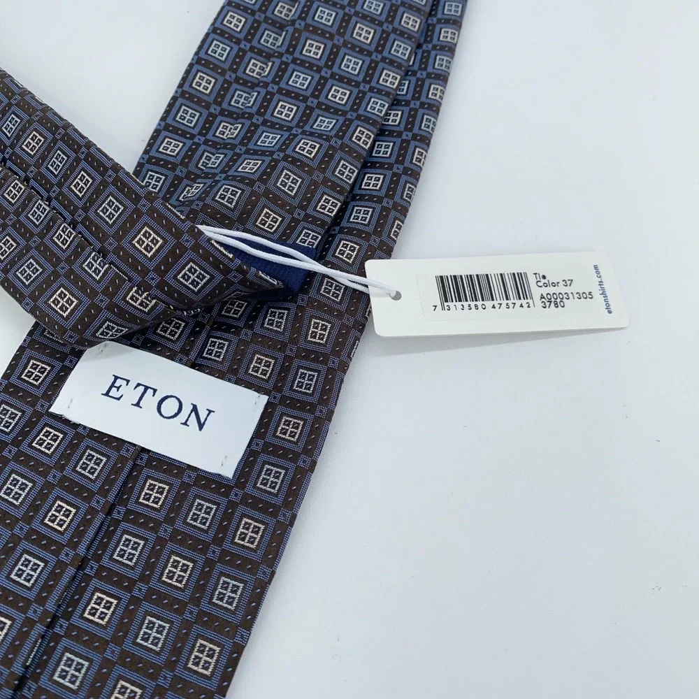 Eton Tie Men One Size Black Blue Patterned Professional Necktie England Made NWT